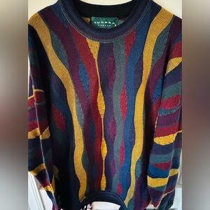 Vtg 90s Tundra Canada Chunky 3D Knit L Cotton Rainbow Color Block Coogi Style